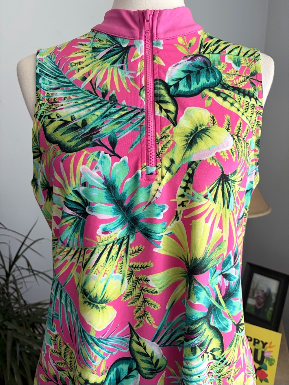 Tommy Bahama Pink Tropical Leaf Sleeveless Dress With Pockets & Front Zip Size L - Picture 3 of 16